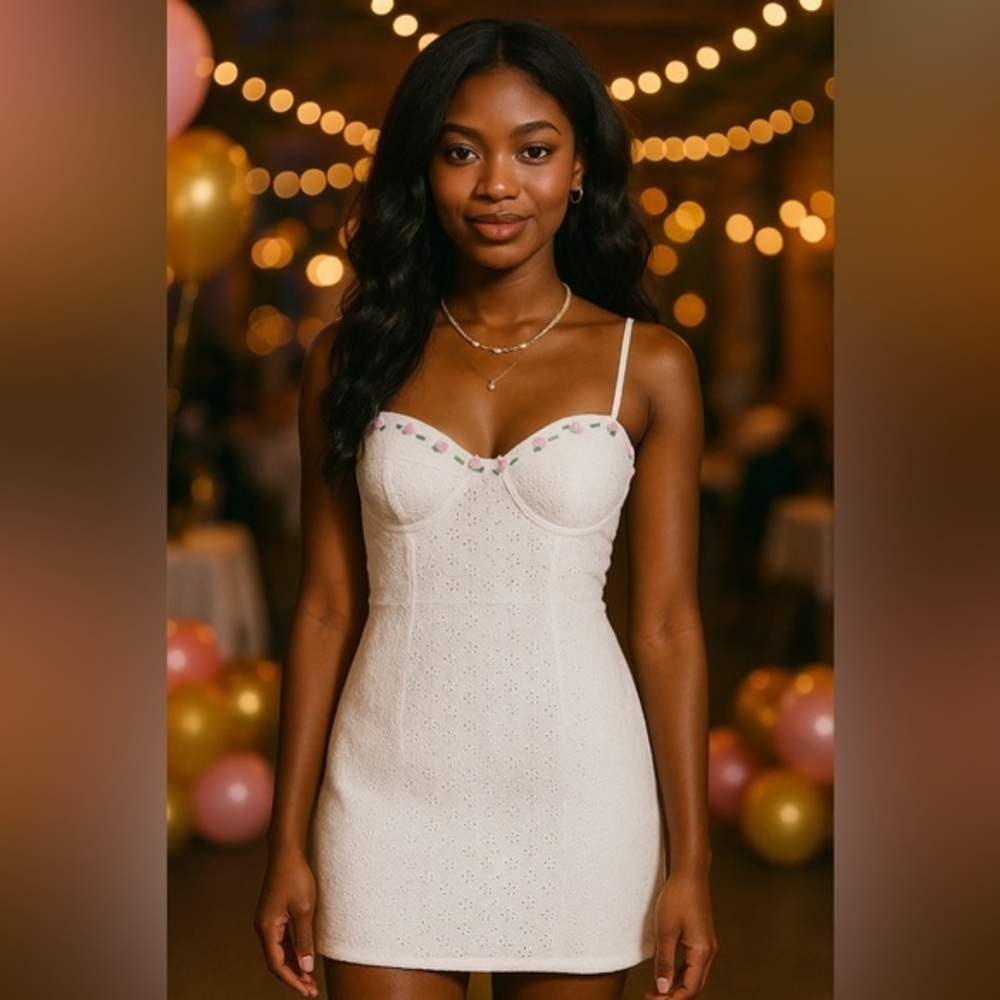 Stella Carlsbad White Eyelet Rosette Underwire Mini Dress Romantic NWT S #1567